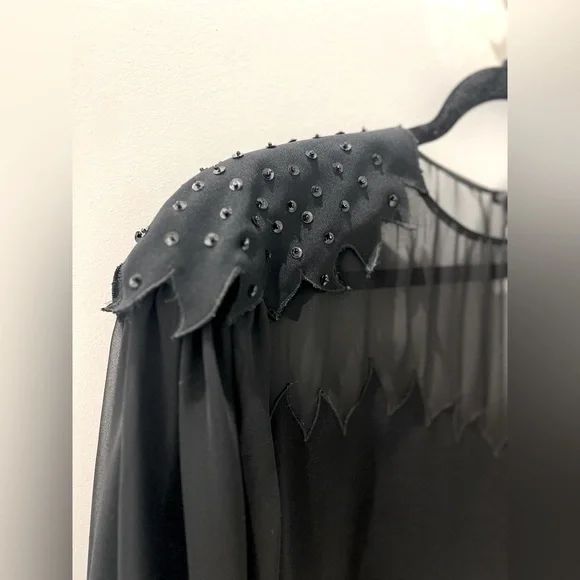 Vintage 80s Black Shift dress with long billowy sleeves and appliqués, small - Picture 4 of 8